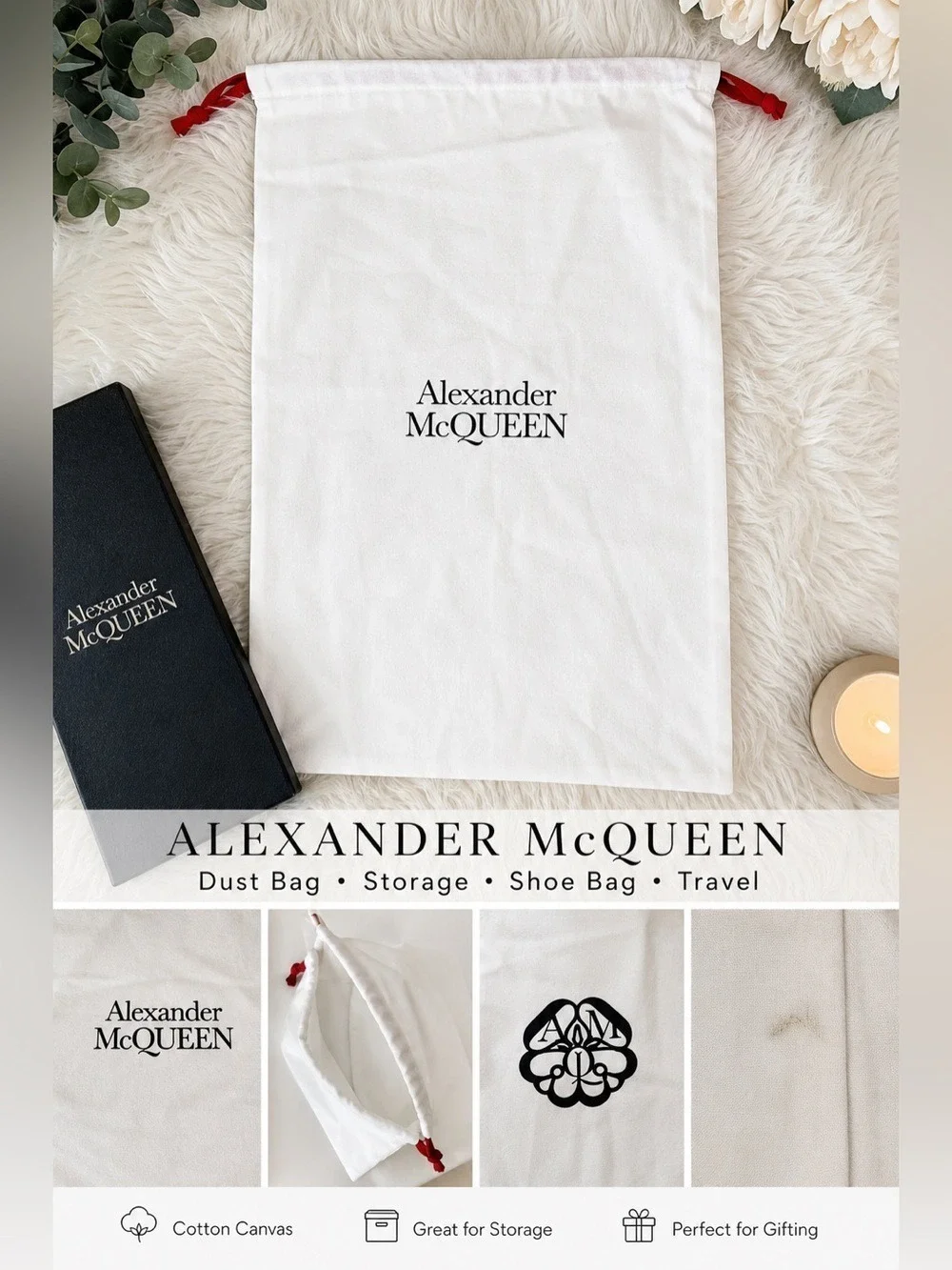 Alexander McQueen Large White Dust Bag Red Drawstring Shoe Bag Storage